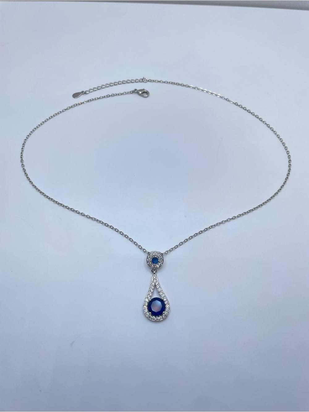 Silver Blue Crystal Glass Halo Teardrop Pendant Necklace Glam - Picture 5 of 5